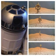 Artoo sits still for a moment and watches his only friend on this planet walk away. He calls after Threepio, pleading to him through his beeps and whistles. THREEPIO: "No more adventures. I'm not going that way." The golden droid turns away and continues walking into the desert alone. #starwars #anhwt #starwarstoycrew #jbscrew #blackdeathcrew #starwarstoypix #toyshelf
